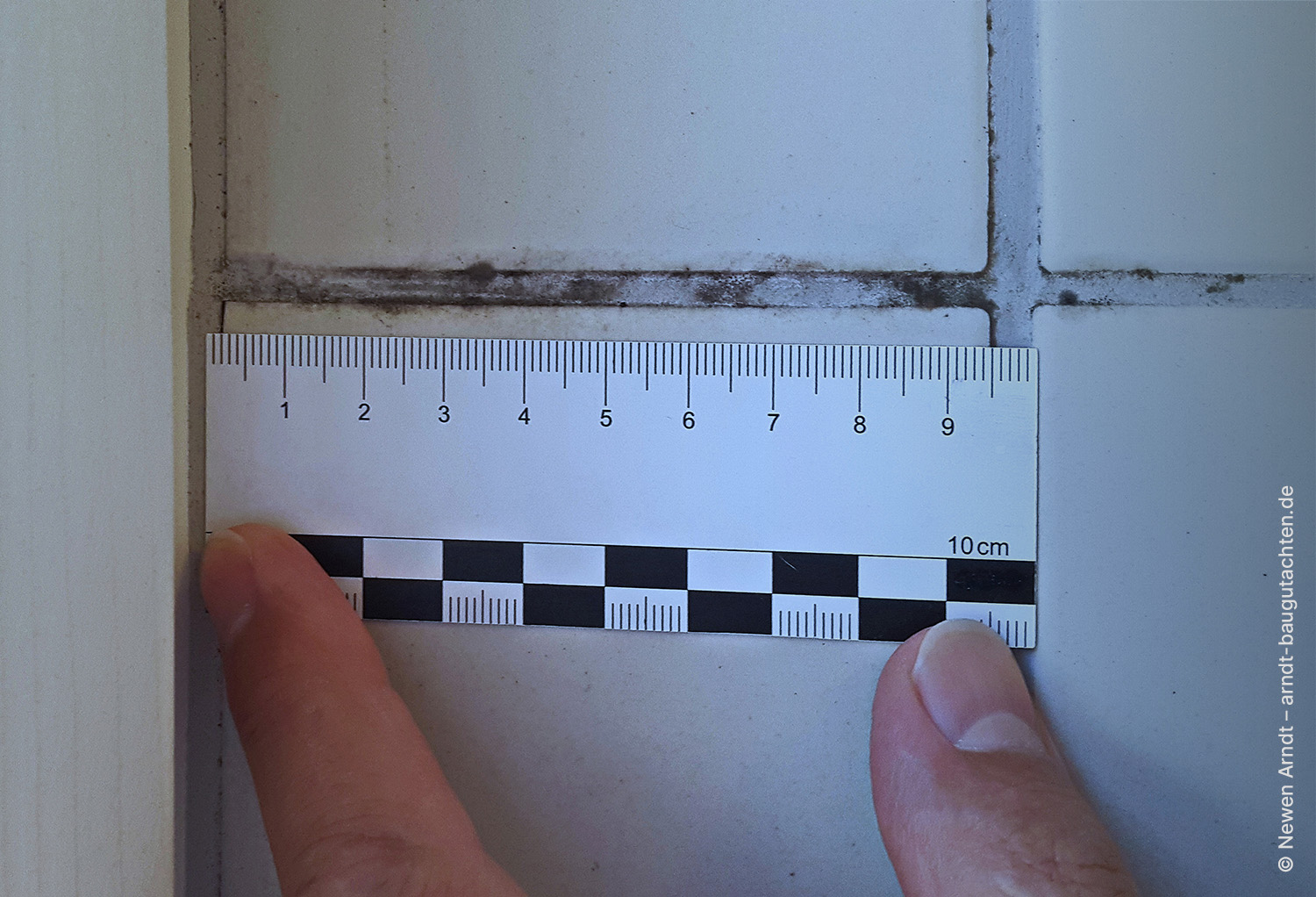 Bild 07 - Newen Arndt, Schimmel Fliesenfuge Fenster Kippstellung kleinflächiger Schimmelbefall an Fliesenfugen neben einem längerfristig angekippt gewesenen Fensterflügel