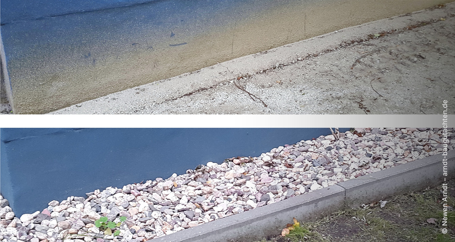 Bild 06 - Newen Arndt, Fassade Sockel übermäßig Feuchte Einwirkung sachgemäß Kiesbett Übermäßig feuchtebeanspruchter Sockel (oben) vor der Anordnung eines sachgemäßen
Kiesbetts (unten)